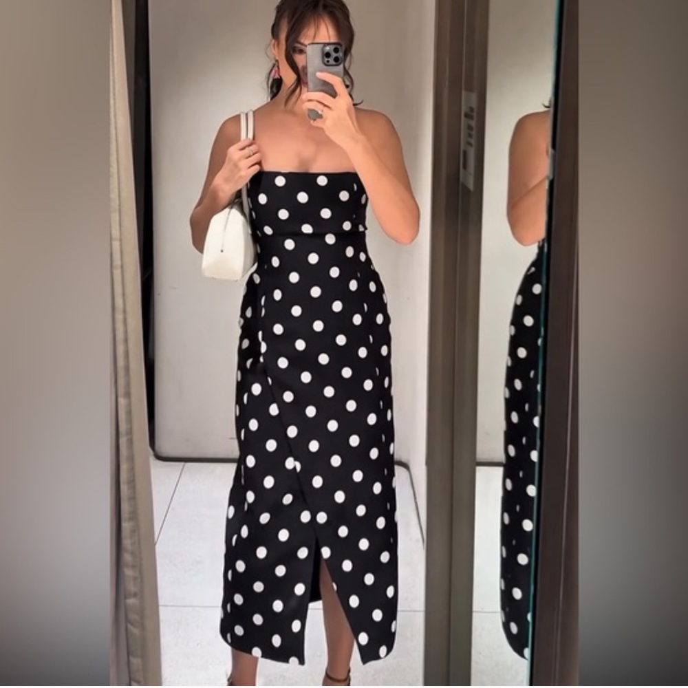 Zara NWT polka dot strapless midi dress black white 3568/559 - Picture 7 of 8